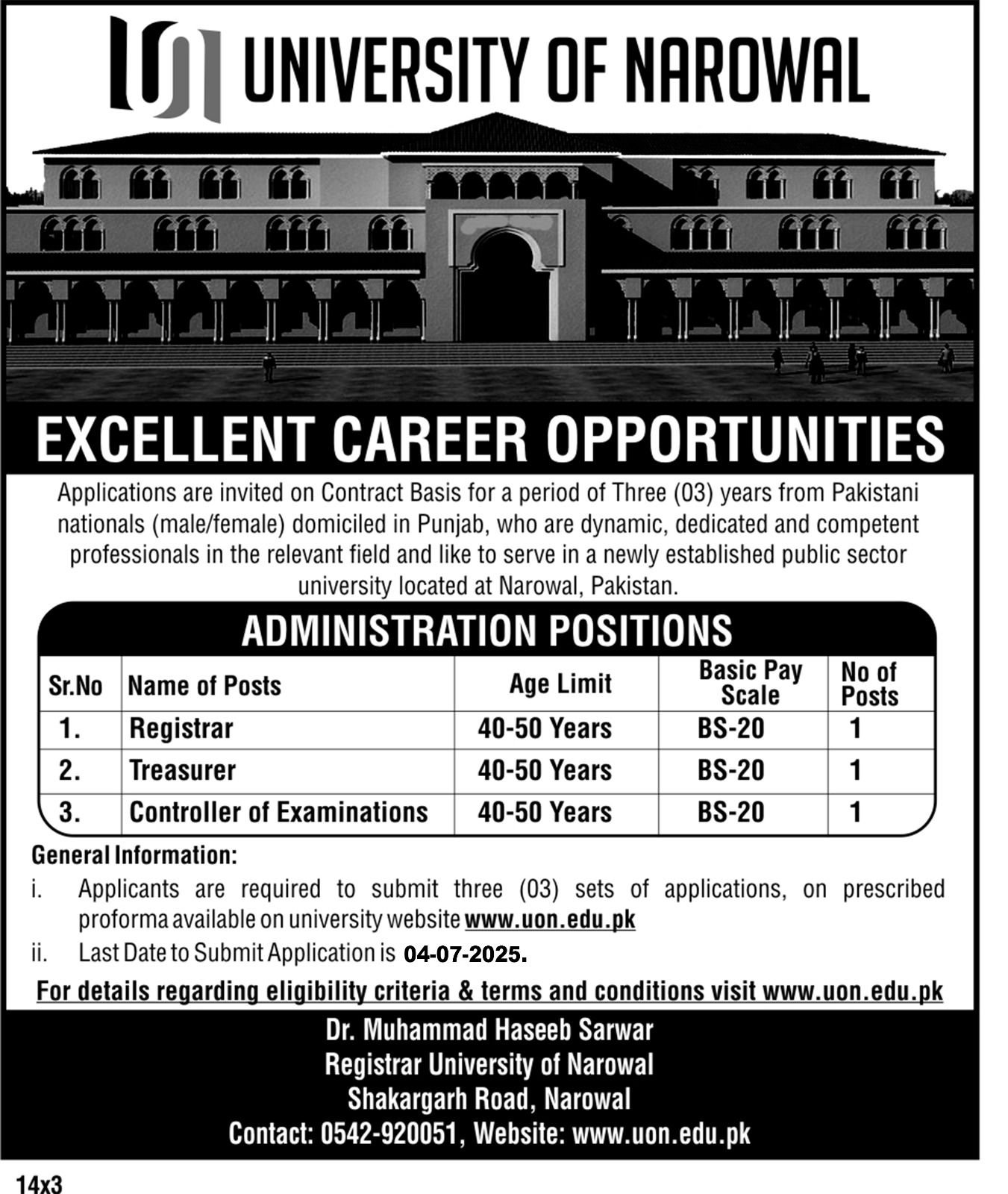 Career Opportunities (Registrar, Treasurer and Controller Examination) University of Narowal